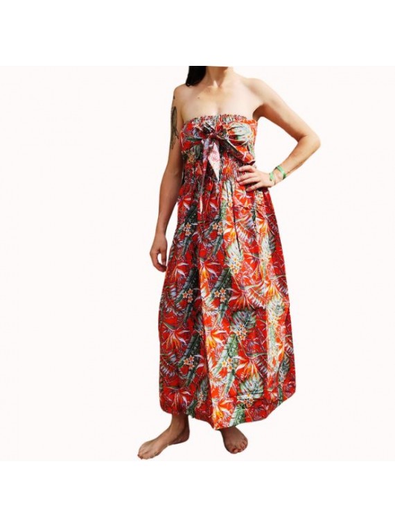 Robe bustier froncé couleur rouge motifs  fleurs oiseaux du paradis