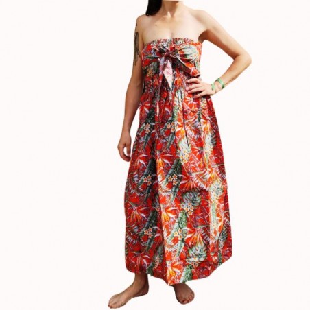 Robe bustier froncé couleur rouge motifs  fleurs oiseaux du paradis