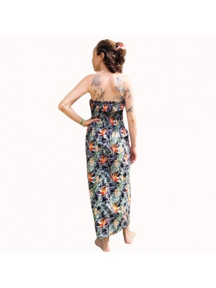 Robe bustier froncé couleur noir motifs  fleurs oiseaux du paradis