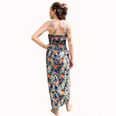 Robe bustier froncé couleur noir motifs  fleurs oiseaux du paradis