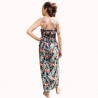 Robe bustier froncé couleur noir motifs  fleurs oiseaux du paradis