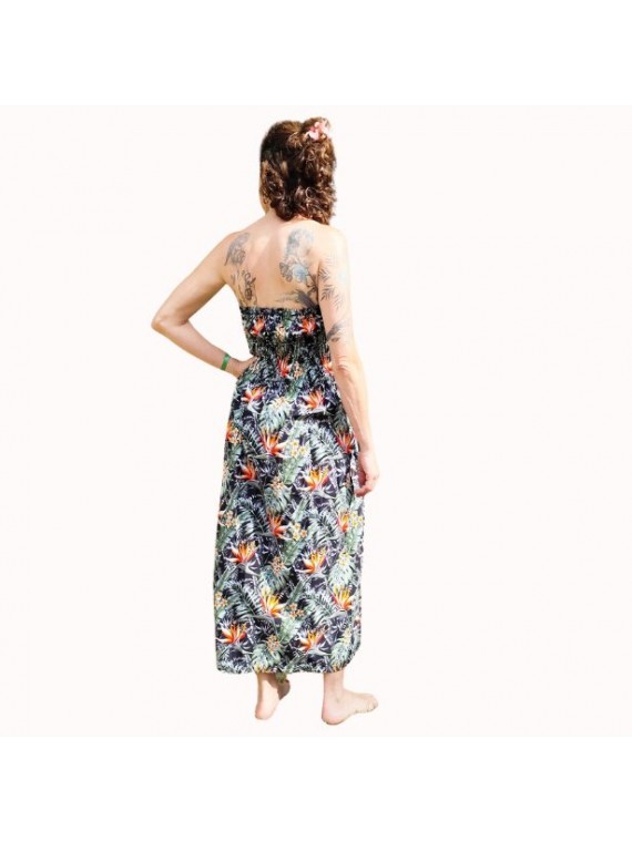 Robe bustier froncé couleur noir motifs  fleurs oiseaux du paradis