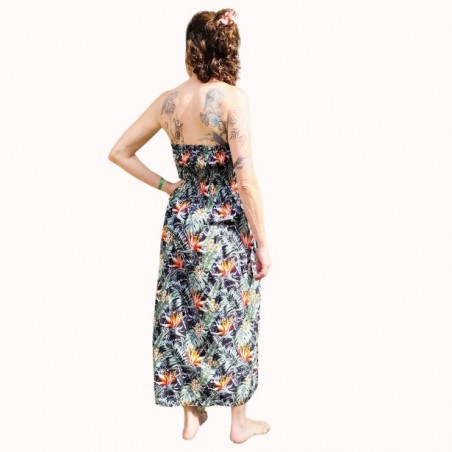 Robe bustier froncé couleur noir motifs  fleurs oiseaux du paradis