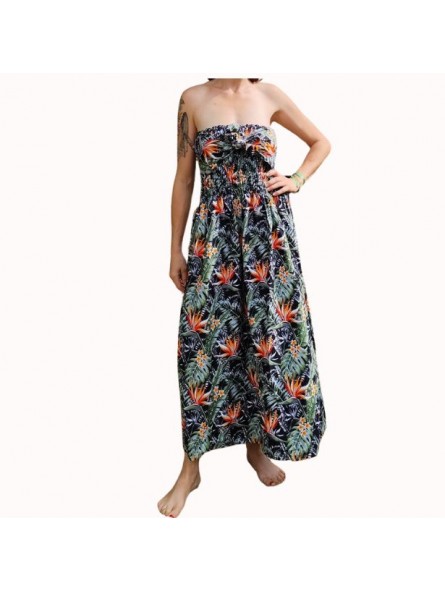 Robe bustier froncé couleur noir motifs  fleurs oiseaux du paradis