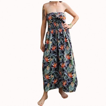 Robe bustier froncé couleur noir motifs  fleurs oiseaux du paradis