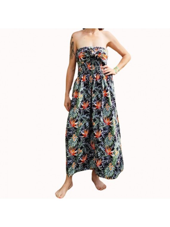 Robe bustier froncé couleur noir motifs  fleurs oiseaux du paradis