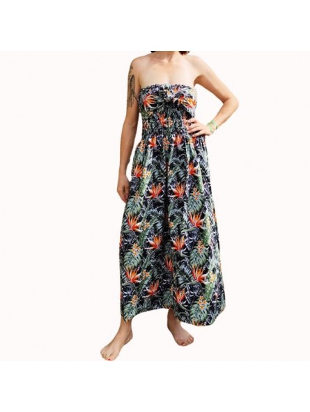 Robe bustier froncé couleur noir motifs  fleurs oiseaux du paradis