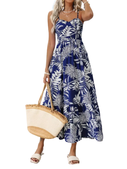 Robe longue légère motifs  feuillage bleu marine Ananas