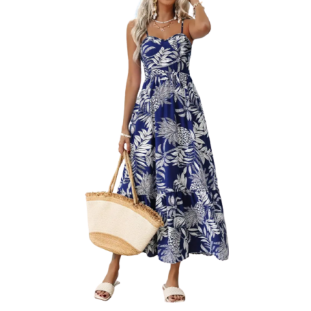 Robe longue légère motifs  feuillage bleu marine Ananas