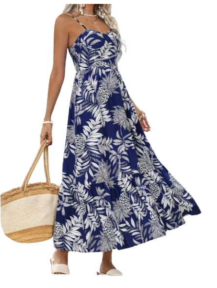 Robe longue légère motifs  feuillage bleu marine Ananas