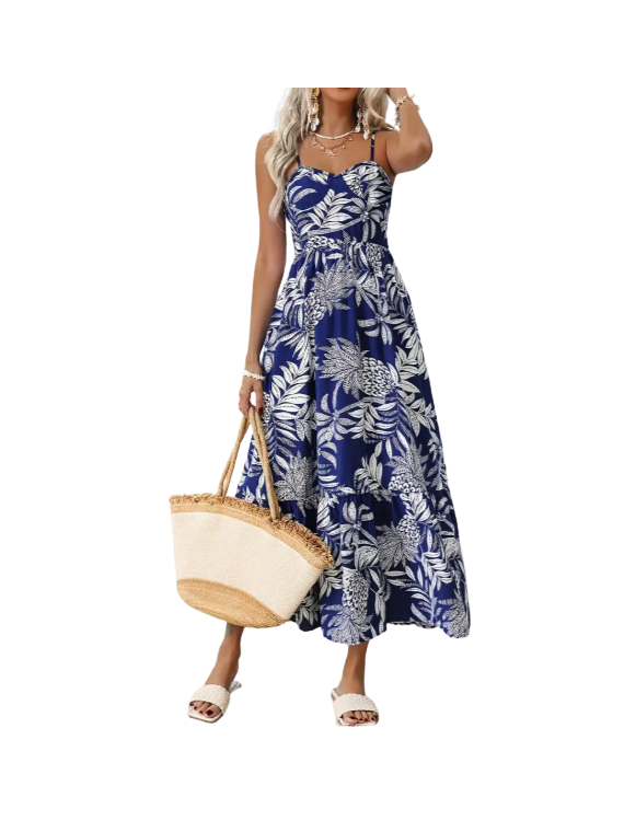 Robe longue légère motifs  feuillage bleu marine Ananas