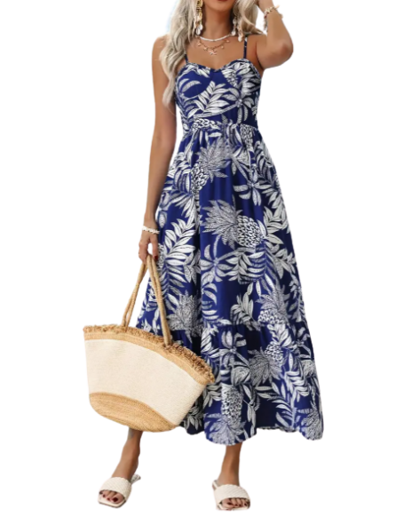 Robe longue légère motifs  feuillage bleu marine Ananas