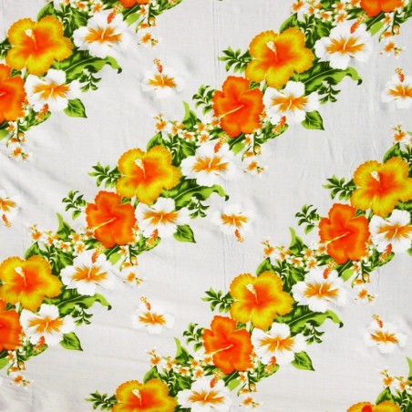 Tissu blanc et jaune orangé Hawaïen frise fleurie