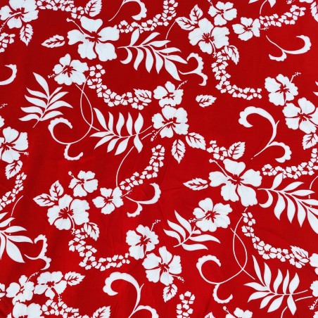 Tissu couleur rouge et or motifs feuillage tropical stylisé
