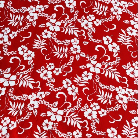 Tissu couleur rouge et or motifs feuillage tropical stylisé