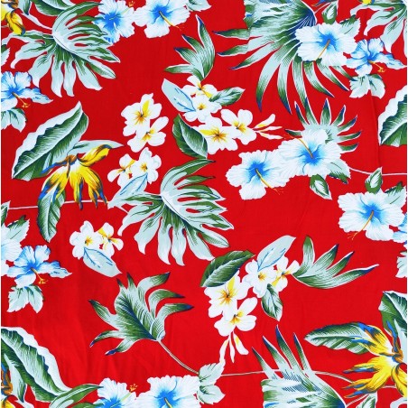 Tissu rouge vif avec motifs feuillage facon pochoir