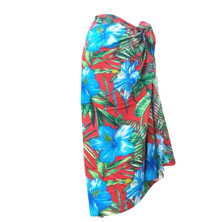 Paréo rouge motifs gros hibiscus flamboyant bleu