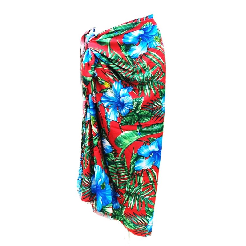 Paréo rouge motifs gros hibiscus flamboyant bleu