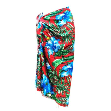 Paréo rouge motifs  gros hibiscus bleu