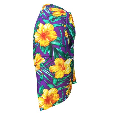 Paréo violet motifs gros hibiscus flamboyant jaune