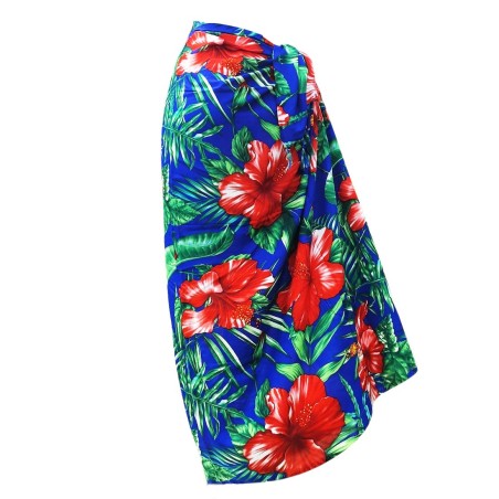 Paréo Bleu motifs gros hibiscus rouge flamboyant