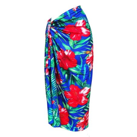 Paréo Bleu motifs gros hibiscus rouge flamboyant