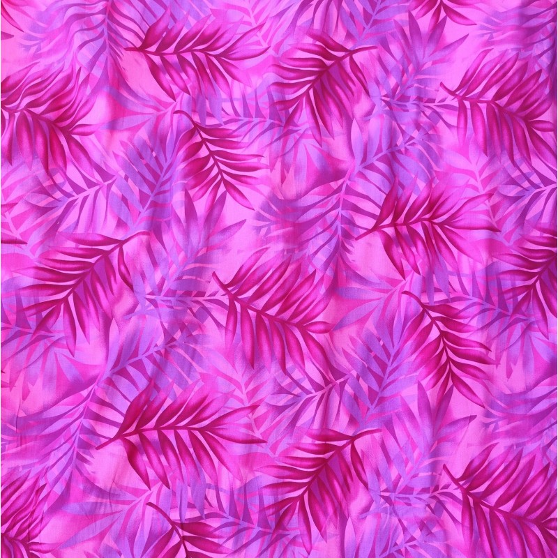 Tissu rose vif avec motifs feuillage facon pochoir