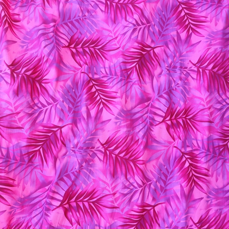 Tissu rose vif avec motifs feuillage facon pochoir