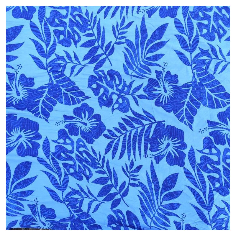 Tissu de couleur bleu avec motifs hibiscus