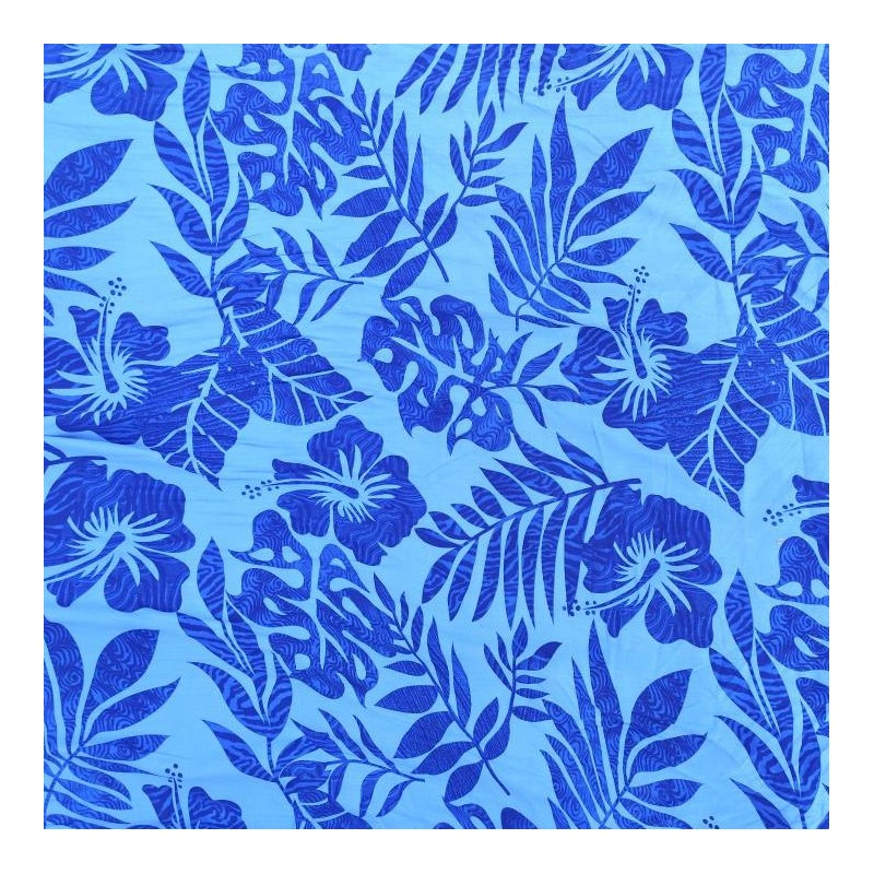 Tissu de couleur bleu avec motifs hibiscus
