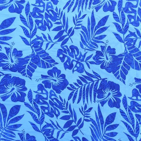 Tissu de couleur bleu avec motifs hibiscus