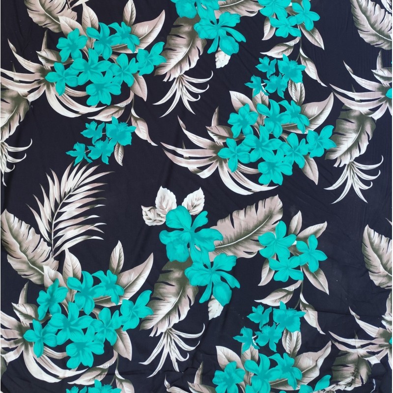 Tissi fleuri fond noir motifs fleurs de frangipane couleurs vert et argent