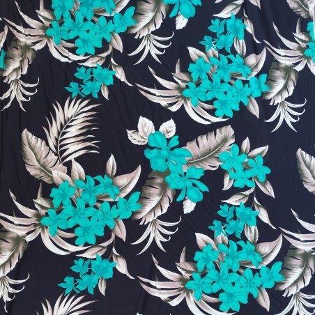 Tissi fleuri fond noir motifs fleurs de frangipane couleurs vert et argent