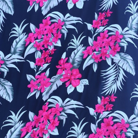 Tissi fleuri fond noir motifs fleurs de frangipane couleurs rose et argent