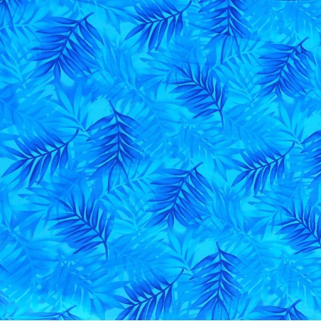 Tissu bleu vif avec motifs feuillage facon pochoir