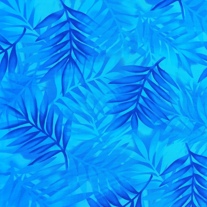 Tissu bleu vif avec motifs feuillage facon pochoir