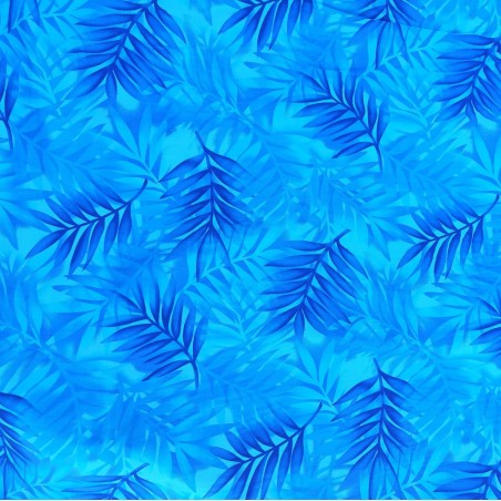 Tissu bleu vif avec motifs feuillage facon pochoir