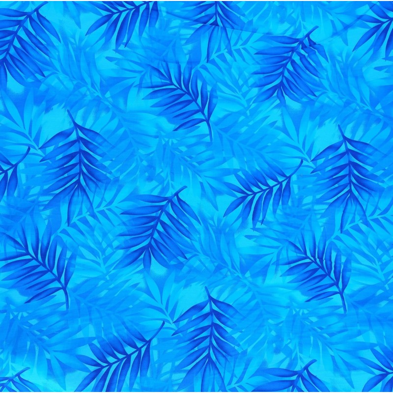 Tissu bleu vif avec motifs feuillage facon pochoir