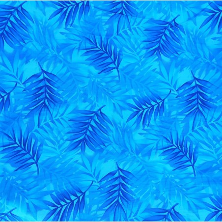 Tissu bleu vif avec motifs feuillage facon pochoir