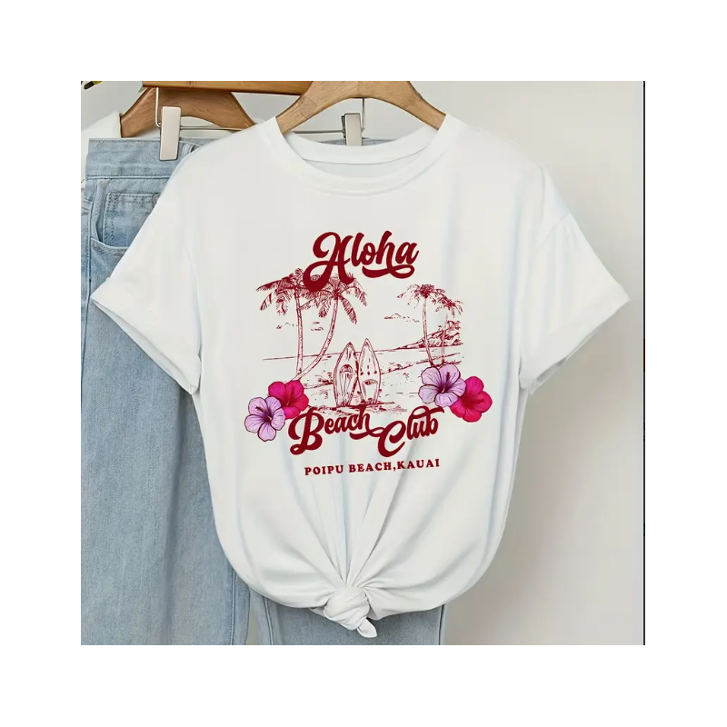 T-shirt femme blanc motif hawaien " Aloha Beach Club"