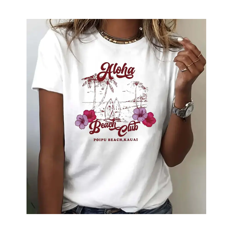 T-shirt femme blanc motif hawaien " Aloha Beach Club"