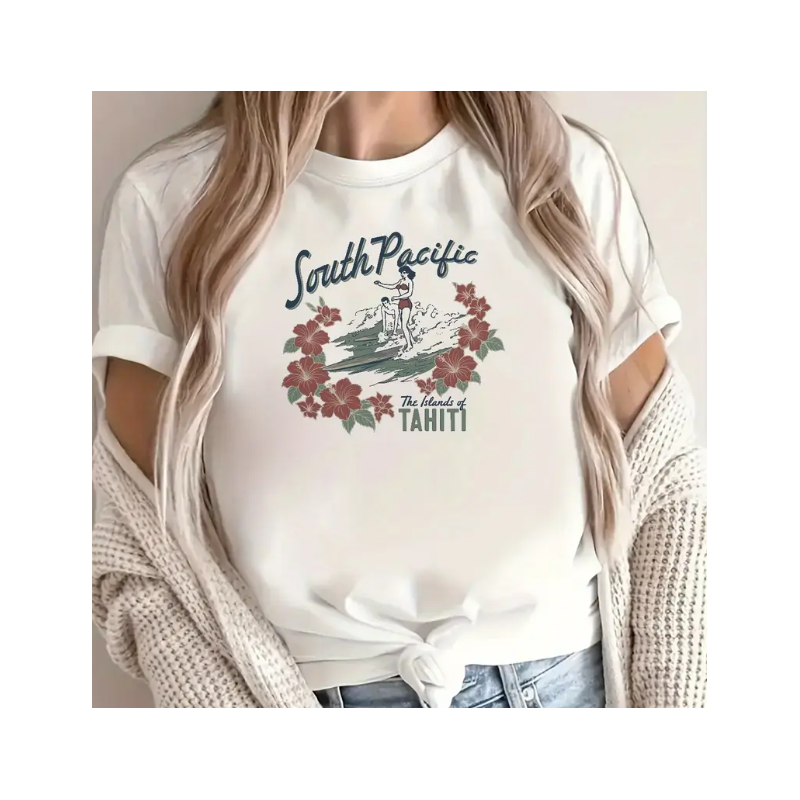 T-shirt femme blanc motif tahitien" Tahiti South Pacific"