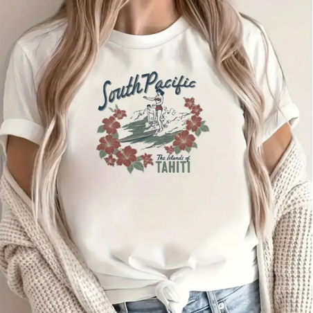 T-shirt femme blanc motif tahitien" Tahiti South Pacific"
