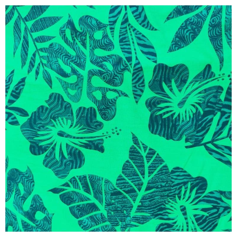 Tissu de couleur verte avec motifs hibiscus