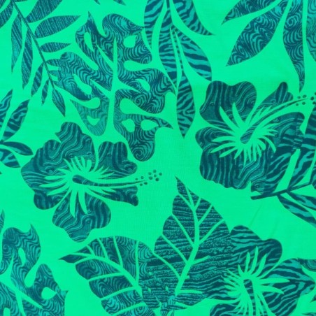 Tissu de couleur verte avec motifs hibiscus