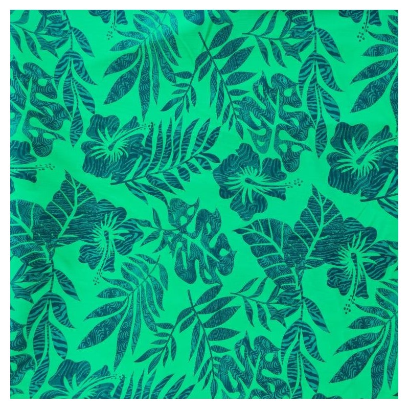 Tissu de couleur verte avec motifs hibiscus