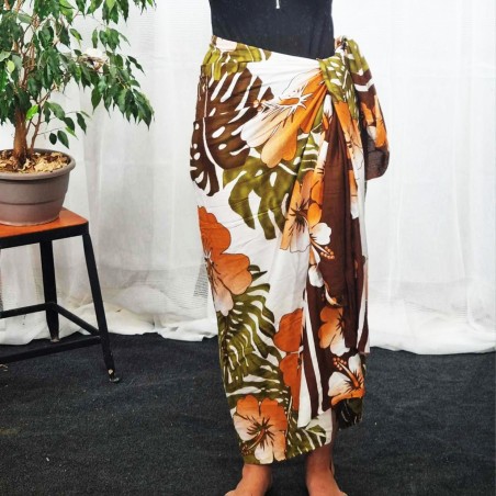 Paréo Marron motifs Hibiscus