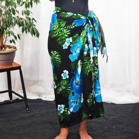 Paréo noir motifs hibiscus bleu
