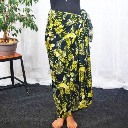 Paréo noir couleur vert et or motif floral