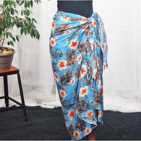 Paréo couleur bleu motifs petit hibiscus